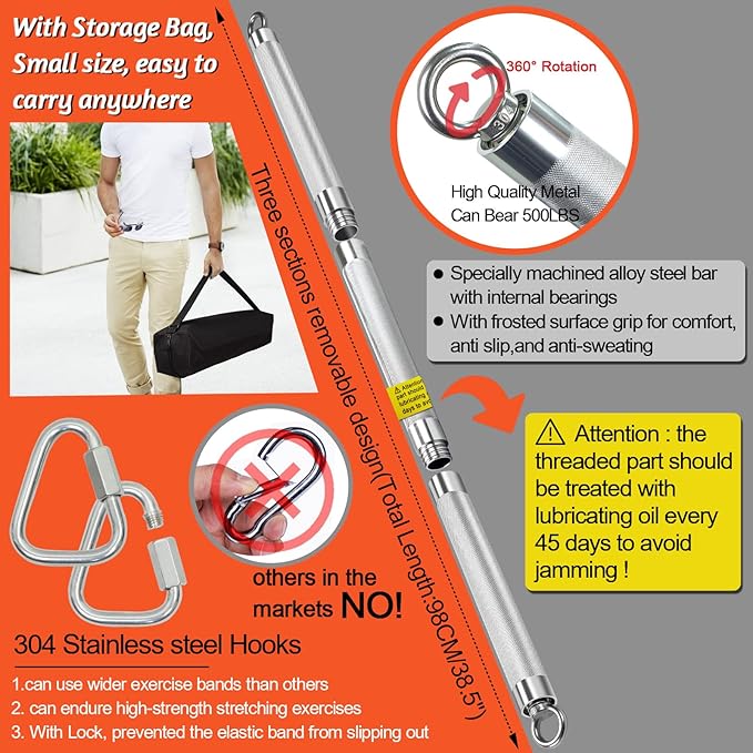 DASKING Resistance Band Bar Set for Home Gym, 500LB Total Resistance with Longer Bar & 4 Stackable Bands, Detachable for Full Body Workouts, Door Anchor, Exercise Guide