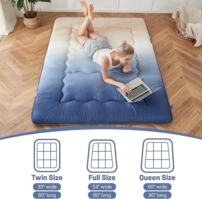 Japanese Floor Mattress, Futon Mattress with Portable Storage Bag and Washable Cover, Roll Up Thick Tatami Mat Suitable for Camping, Guest Room (Coastal Gradient, Full)