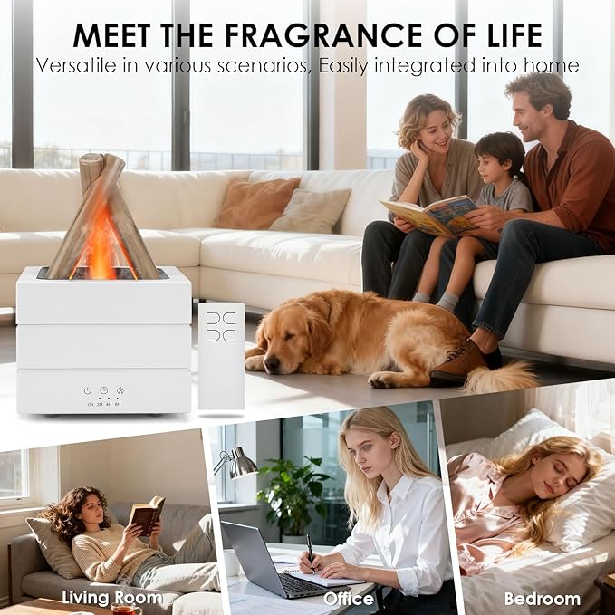 Campfire Flame Fire Diffuser, Bonfire Aromatherapy Essential Oil Diffuser, 280ml Wood Cool Mist Humidifier with 7 Colors LED Lights/Remote/Auto-Off, Fireplace Aroma Diffuser for Home Office Gift