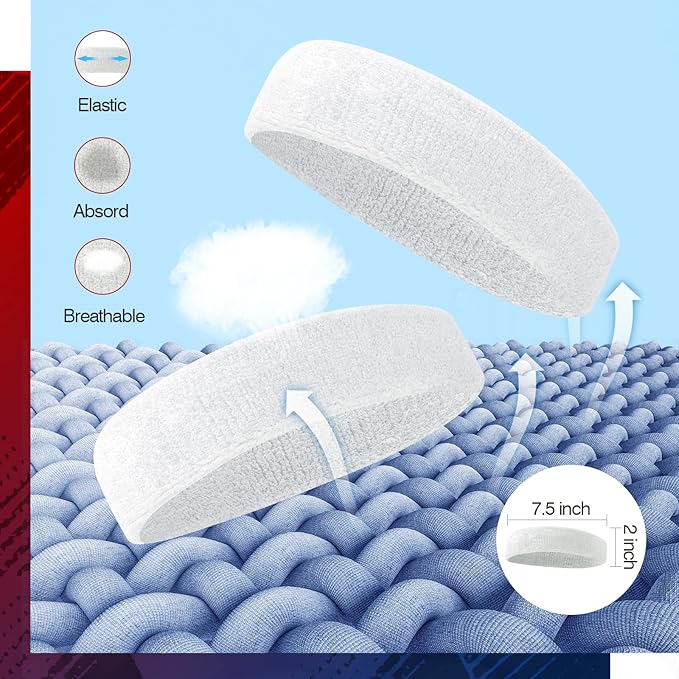 Sweatbands Sports Headband for Men & Women, Moisture Wicking Hairband Athletic Towel Headbands Cotton Head Sweat Bands for Running, Cycling, Yoga, Spa