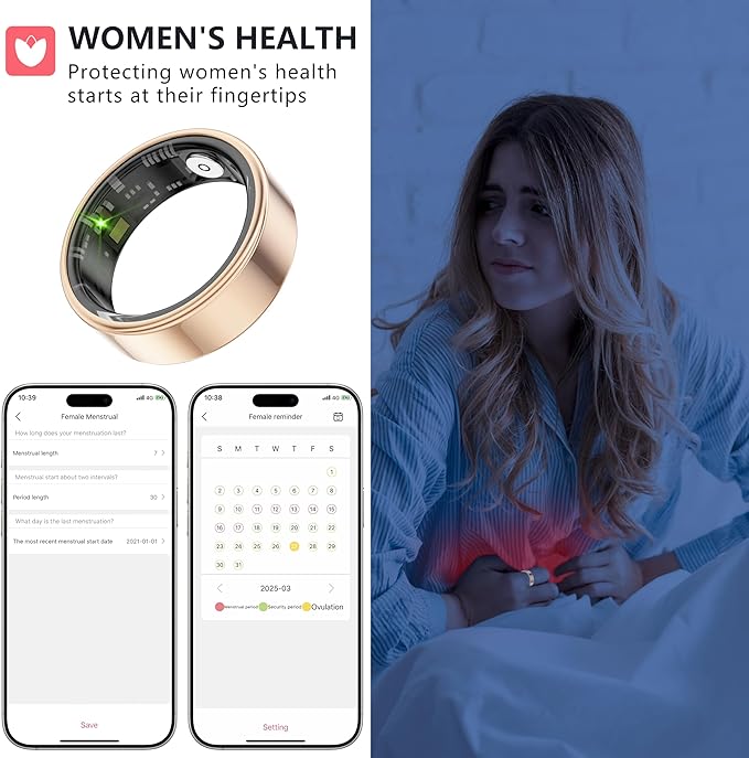 Thin Smart Ring for Fitness & Health Tracking -Pedometer,Sleep/Heart Rate/Blood Oxygen Monitor, Gesture Control / 5ATM Waterproof -No APP Subscription Compatible with Android& iOS (Rose Gold, 12)