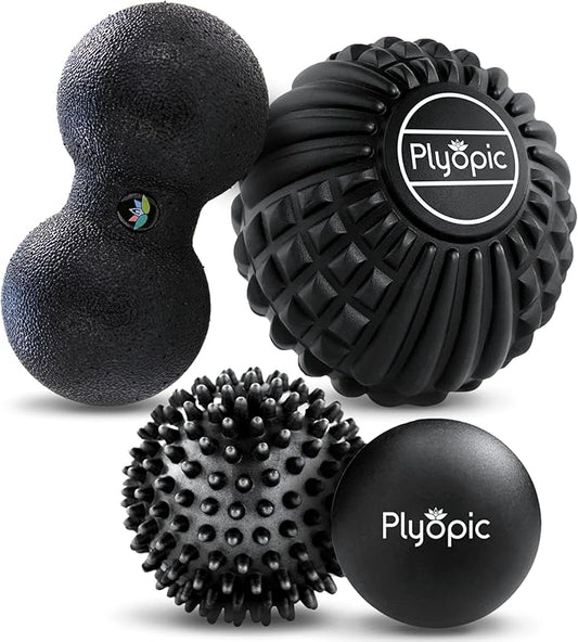 Deep Tissue Massage Ball Set – Set of 4: Lacrosse, Spiky, Peanut and 5” Foam Roller Massager Balls for Muscle Massage, Mobility, Trigger Points and Myofascial Release