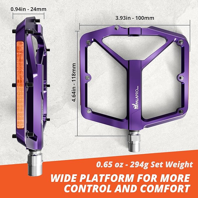 Flat Bike Pedals with Reflectors CNC Aluminium 9/16” – MTB Pedals with Extra Wide Platform and Removable Anti-Slip Pins – Lightweight Pedals for Mountain Bike & Road Bike 294 g