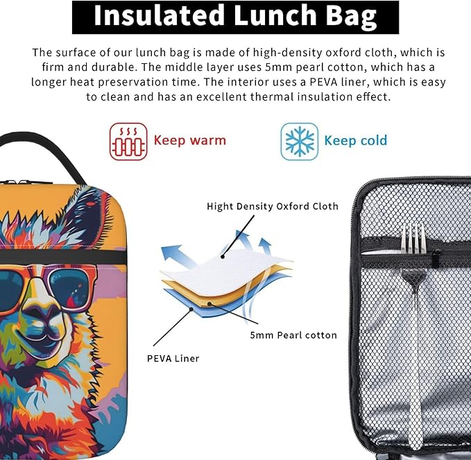 Colorful Llama Lunch Box for Women Girls Kids, Insulated Cooler Cool Sunglasses Llama Lunch Bag for School, Picnic, Office, Work, Travel, Portable Polyester Thermal Reusable Tote Lunch Bags