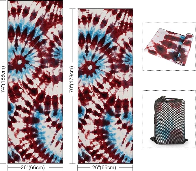 Colorful Star Yoga Towel with Corner Pockets, Non Slip Grip Dots Sweat Absorbent Hot Yoga Mat Towels, Soft Yoga Blankets with Travel Bag, Mat Cover for Workout, Gym, Fitness - 70"x26", Bold Tie-dye