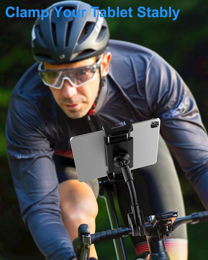 Gooseneck Tablet Holder for Bike, Motorcycle, Wheelchair, Treadmill, Exercise Bicycle, Scooter, Stroller, Handlebar Tablet Mount for iPad Pro, Air, Mini, Galaxy Tabs, 4.7-12.9" Tablet & Phone