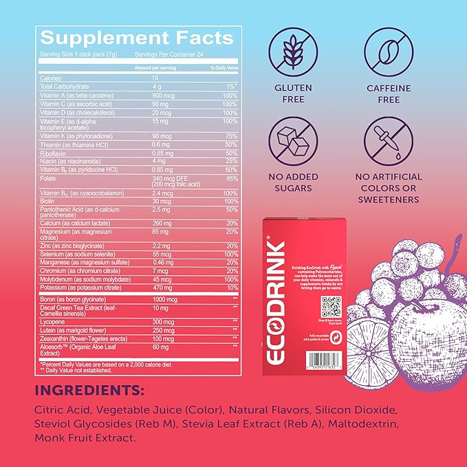 Eco Drink Nutrient Support Packets, Fruit Punch – Naturally Sweetened Multivitamin Electrolyte Mix with Aloe, 24 Stick Packs/Box, 0.25 Oz Ea by Lily of The Desert