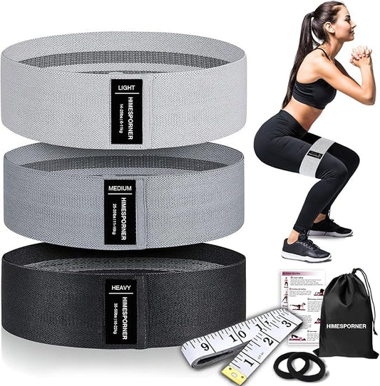 Wide Fabric Resistance Bands for Working Out, 3 Level Non-Slip Exercise Booty Bands for Women & Men Leg and Glutes with Hair Ties and Tape Measure - for Home Gym Workout, Yoga, Pilates