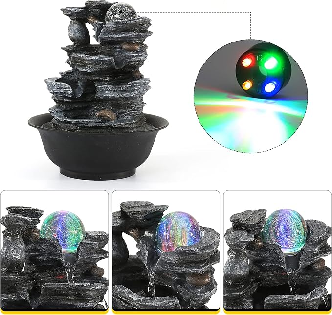 Dyna-Living Tabletop Water Fountain Indoor Waterfalls Fountains with Colored LED Light Decorative Feng Shui Tabletop Fountain with Automatic Pump Best Home Gifts for Friends or Family