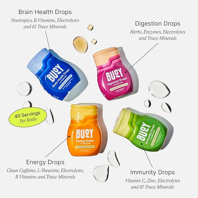 Buoy Electrolyte Drops Variety Pack Digestion + Brain + Energy + Immunity | 160 Servings | No Sugar, No Sweeteners | Dietitian Recommended | Trace Minerals | Unflavored, Subtle Mineral Taste
