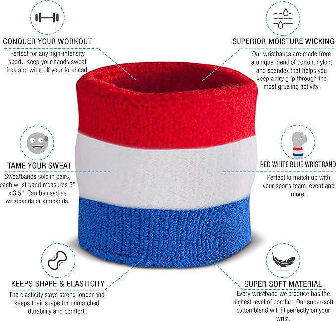 Suddora Striped Sweatband Set, Moisture Wicking 2 Wristbands and 1 Headband, Breathable Athletic Sweat Bands for Sports, Costumes & Cosplay, Matching Bands to Wear with Jersey