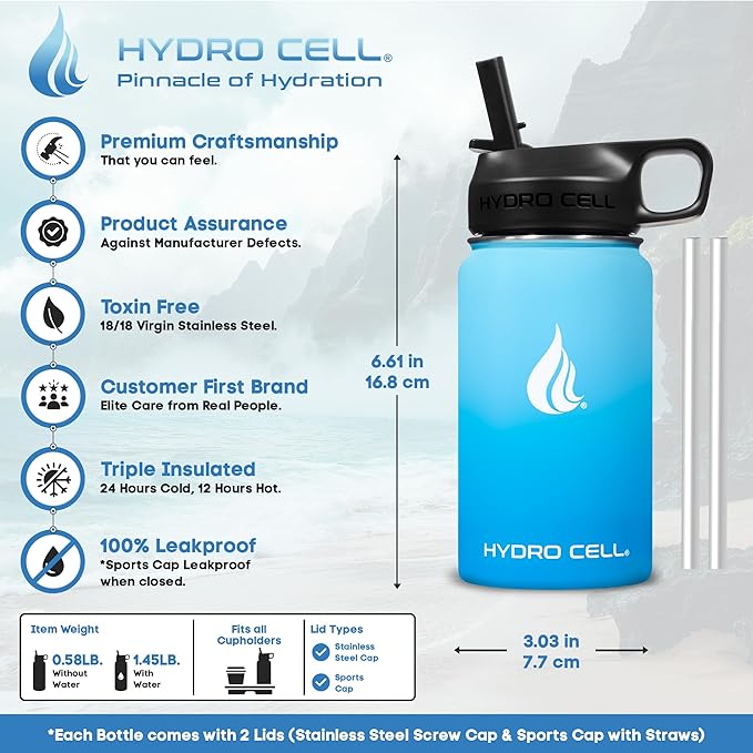 HYDRO CELL Stainless Steel Insulated Water Bottle with Straw - For Cold & Hot Drinks - Metal Vacuum Flask with Screw Cap and Modern Leakproof Sport Thermos for Adults (Sky/Blue 14oz)