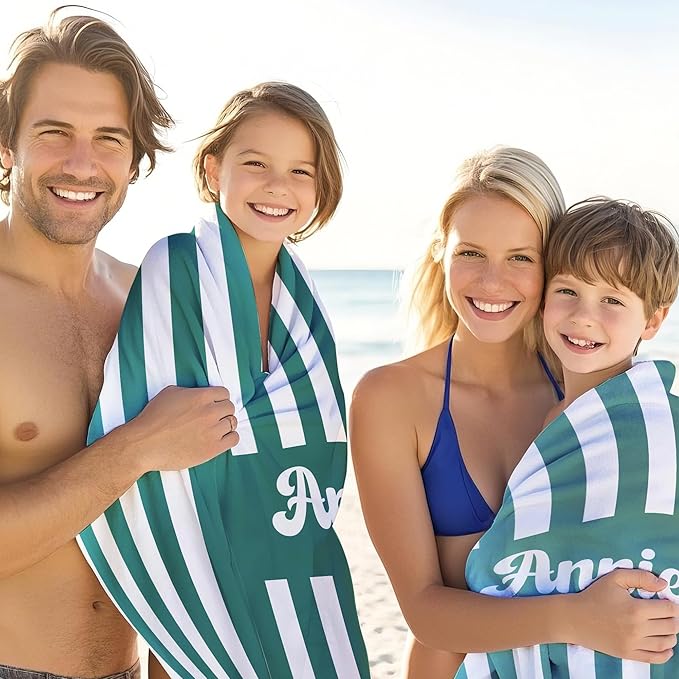 JML Personalized Beach Towel with Name, Custom Cabana Stripe Beach Towel, Customized Microfiber Pool Towel, Quick Dry & Absorbent Swim Towel for Adult,Mother's Day, Birthday, Summer Holiday,Vacation
