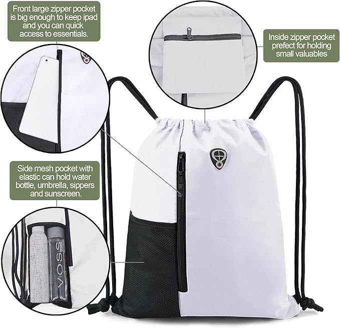 BeeGreen White Drawstring Backpack Gym Bag For Men & Women – Sports Sackpack with Mesh Water Bottle Holder & 2 Zippered Pockets – Large 16x20 Inch Cinch String Backpack Workout Bag for Running, Travel