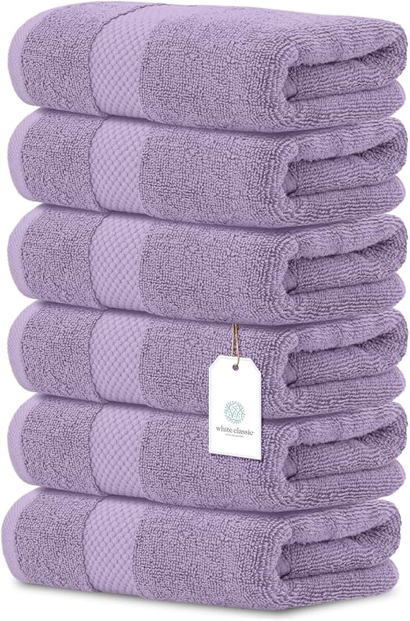 White Classic Luxury Hand Towels for Bathroom-Hotel-Spa-Kitchen-Set - Circlet Egyptian Cotton - 16x30 Inches - Set of 6 (Lavender)