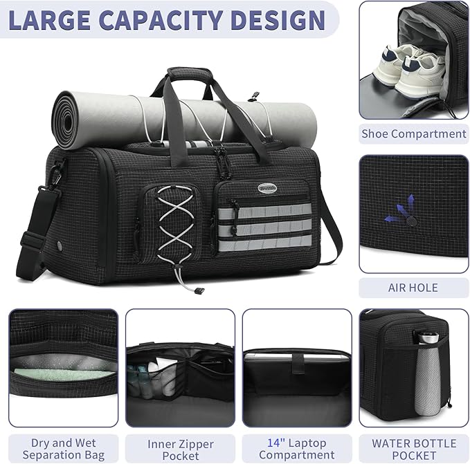 Bosstin Gym Bag for Men & Women,45L Travel Duffle Sports Duffel Bag Gym Weekender Overnight Backpack with Shoe Compartment (BLACK CHECKERED)