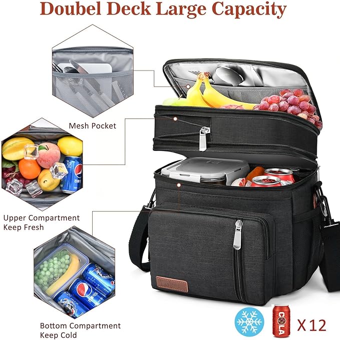 Expandable Lunch Box for Women Men | Adult Lunchbag Cooler Tote Bag with Adjustable Shoulder Strap | Insulated Reusable Womens Lunch Bags for Work Camping Beach | 16L, Black