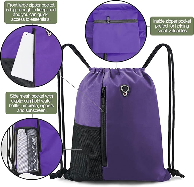 BeeGreen Dark Purple Drawstring Backpack Gym Bag For Men & Women – Sports Sackpack with Mesh Water Bottle Holder & 2 Zippered Pockets – Large 16x20 Inch Cinch String Backpack