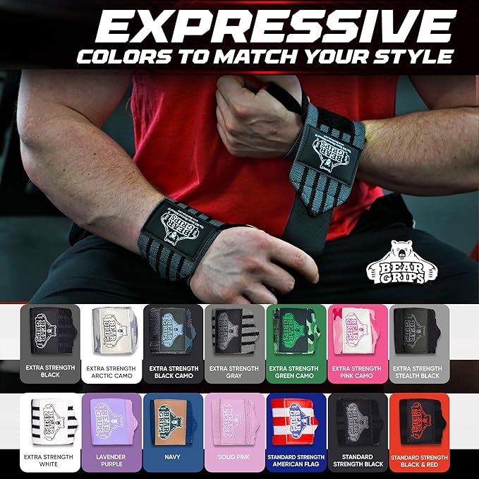 Bear Grips Wrist Wraps for Weightlifting | Weight Lifting Wrist Straps for Weightlifting | Extra Strength Gym Wrist Wraps | Two Wrist Wrap Per Pack | 12” & 18” | Lifting Wrist Wraps for Men & Women