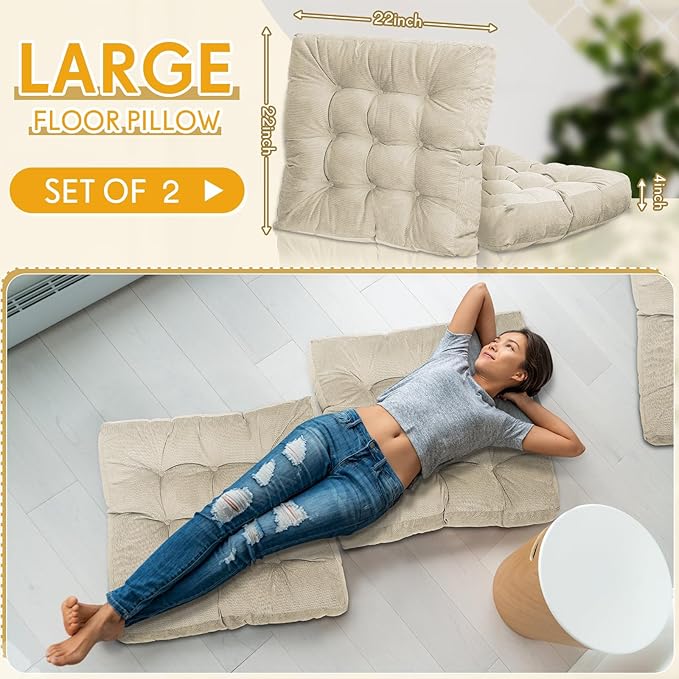 Jerify Floor Pillow Cushions 22 x 22 Inch Round Square Large Meditation Floor Pillow for Classroom Adult Meditation Picnic Party Cushion for Seating Gift Christmas(Square,Beige,2 Pcs)