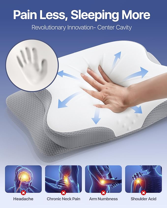 Cervical Pillow for Neck Pain Relief - Ergonomic Memory Foam Pillow with Cooling Case Orthopedic Support Side Sleeper Pillow for Pain Relief Support for Side Back Stomach Sleepers