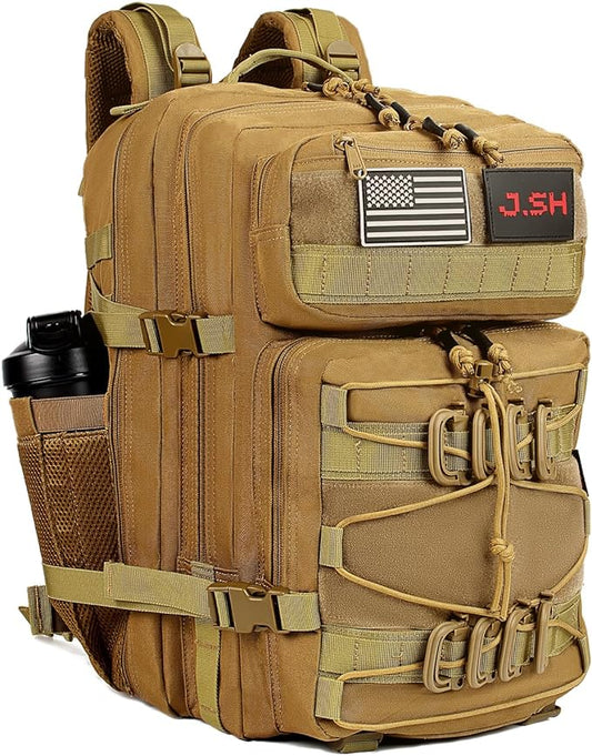 J.SH 45L Large Capacity 3-Day Tactical Backpack, Waterproof & Tear-Resistant, MOLLE System, Adjustable Straps (chest strap and waist strap), Hiking Backpack for Men & Women - Khaki
