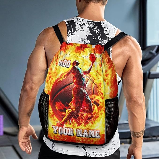 Custom Basketball Drawstring Backpack - Cool Cinch Sack, String Backpacks with Pocket for Kids Women Men Boys Girls for Gym Outdoor Sports Travel Athletic Drawstring Bag - Lightweight/Foldable