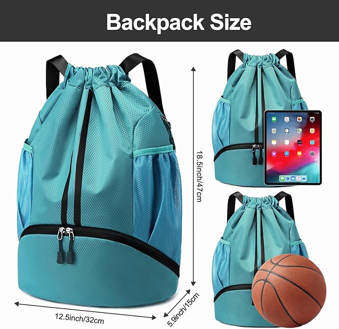 Hoedia Sports Drawstring Backpack - String Swim Gym Bag with Shoes Compartment and Wet Proof Pocket for Women/Men (Teal)