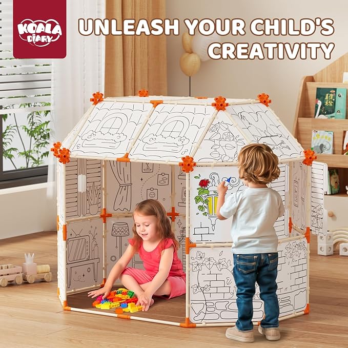 Interactive Kids Doodle Tent, Decorate and Personalize a Cardboard Fort, 328 Pieces Buildable Kids Play Tent, for 3+ Years Old Boys and Girls STEM Building