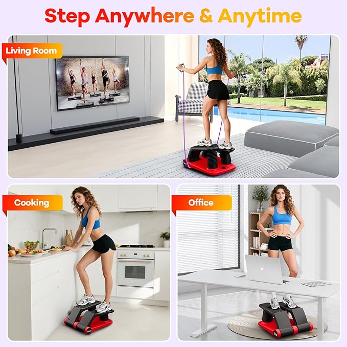 Air Compression Resistance Stepper – Adjustable Mini Stair Climber for Home Cardio Workout, Portable Stepper Machine with LCD Display, Non-Slip Pedals & Resistance Bands (Red and Black)
