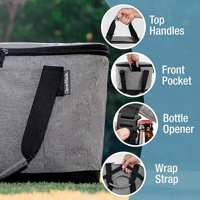 CleverMade Collapsible Insulated Cooler Bag – Leakproof Soft Folding Cooler for Beach, Travel, Car