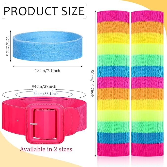 Women Girls 80s Workout Costume Set Rainbow Leg Warmers Pink Belt Blue Sweatband Neon Outfit Accessories for Halloween