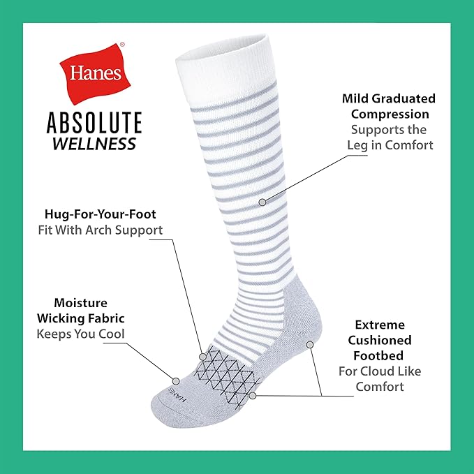 Hanes Women's Over-the-Calf Socks w/ Mild Graduated Compression, Absolute Wellness Non-Binding Cushioned Socks, 3-Pack