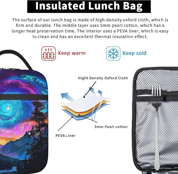 Galaxy Landscape Lunch Box for Women Men Adults Kids, Insulated Cooler Cosmic Sky Lunch Bag for School, Picnic, Office, Travel, Work, Portable Reusable Polyester Thermal Tote Lunch Bags