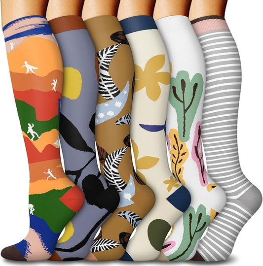 FuelMeFoot 6 Pairs Compression Socks for Women & Men 15-20mmHg Graduated Support Knee High Socks for Nurses, Travel, Athletic