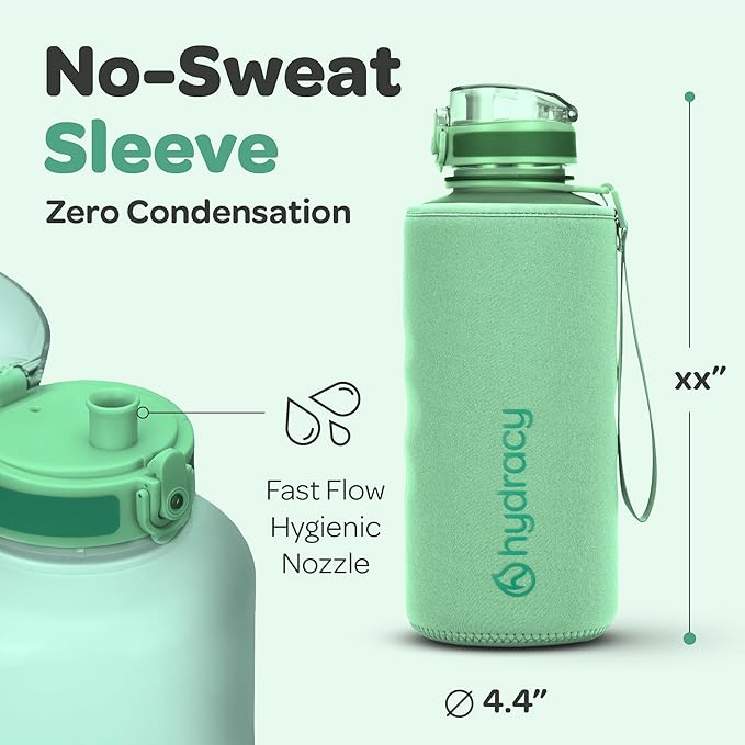 Hydracy Water Bottle with Time Marker -Large BPA Free Water Bottle & No Sweat Sleeve -Leak Proof Gym Bottle with Fruit Infuser Strainer & Times to Drink -Ideal for Fitness Sports & Outdoors