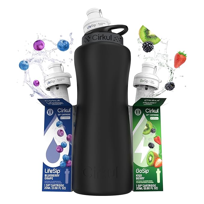Cirkul 32oz. Matte Black Stainless Steel Water Bottle Starter Kit with Black Lid and 2 Flavor Cartridges (1 LifeSip Blueberry Grape, 1 GoSip Kiwi Berry) No Sugar, Zero Calorie Drink Mix