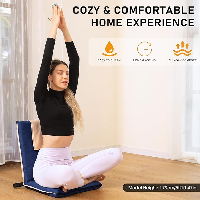 14-Position Adjustable Floor Chair with Back Support - Portable Gound Seating for Adults & Kids, Foldable Meditation Chair with Japanese KOYO Bearings & Washable Linen Cover (Blue)