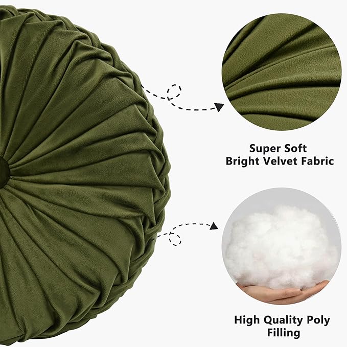 HIG Set of 2 Decorative Round Pleated Throw Pillows, Classy Accent Pumpkin Throw Pillows with Center Button, Vintage Velvet Floor Pillows for Sofa Couch Vanity Chair Bed, Olive, 14.5" Diameter(Ripple)