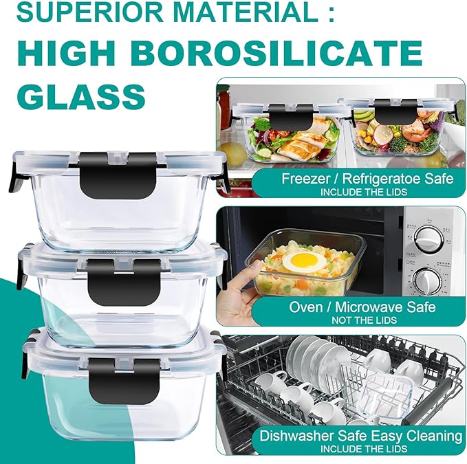 3 Pack Bariatric Meal Prep Containers, 8 oz Glass Bowls for Portion Control, Reusable Glass Lunch Box Bento Snack Food Containers with BPA Free Airtight Lids, Bariatric Must Haves