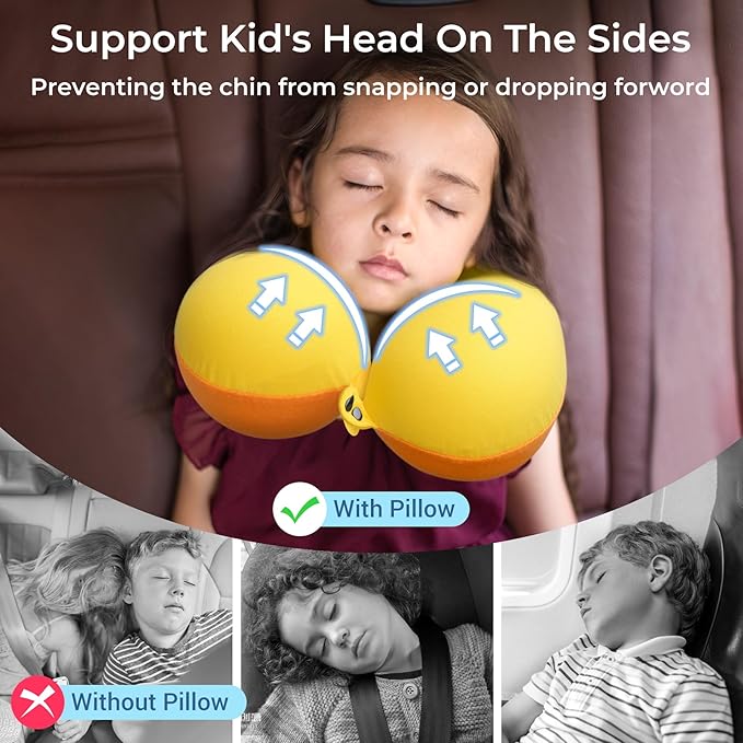 COOLBEBE Kids Travel Neck Pillow, Toddler Neck Pillow for Traving, Softly Double Support Pillow for Car & Airplane, Traveling Gifts for Toddler & Children(1, Yellowish Orange)