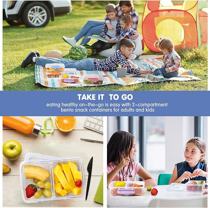 4 Pack Plastic Snack Containers with Lids, 2 Compartment Food Container for Kids Snack Box, Travel Bento Lunch Containers with forks for Fruits/Candies, Divided Food Storage Containers for School