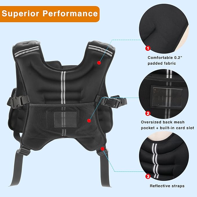 Weighted Vest, 12lbs/16lbs/20lbs/30lbs/40lbs Odorless, 6 Straps Size Adjustable for Woman Men, running, walking, Jogging, Workout Strength Training (Weight Not Adjustable)