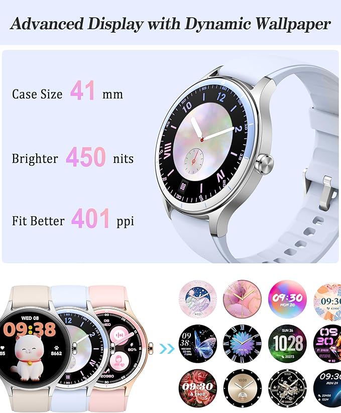 Smart Watch, 41mm Fitness Tracker, Answer/Make Calls, Digital Smartwatch with Heart Rate/Stress/Sleep Monitor, AI Voice, IP68 Waterproof Watch Calculator, Calendar, Games for Lady Women & Men