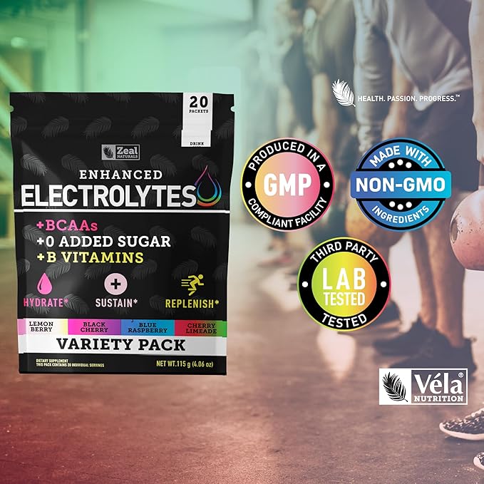 Zeal Naturals Enhanced Electrolyte Powder Stick Packs (Variety Pack - 20 Packets) Sugar Free + BCAA B-Vitamins & Pink Himalayan Salt - Keto Electrolytes, Hydration Powder