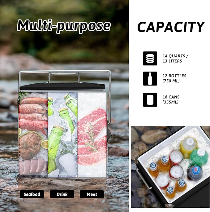 Retro Ice Chest Cooler with Bottle Opener 13L (14Qt), Stainless Steel Vintage Style Ice Bucket for Camping, Party, Beach, Picnic, RV, BBQ, Tailgating, Fishing