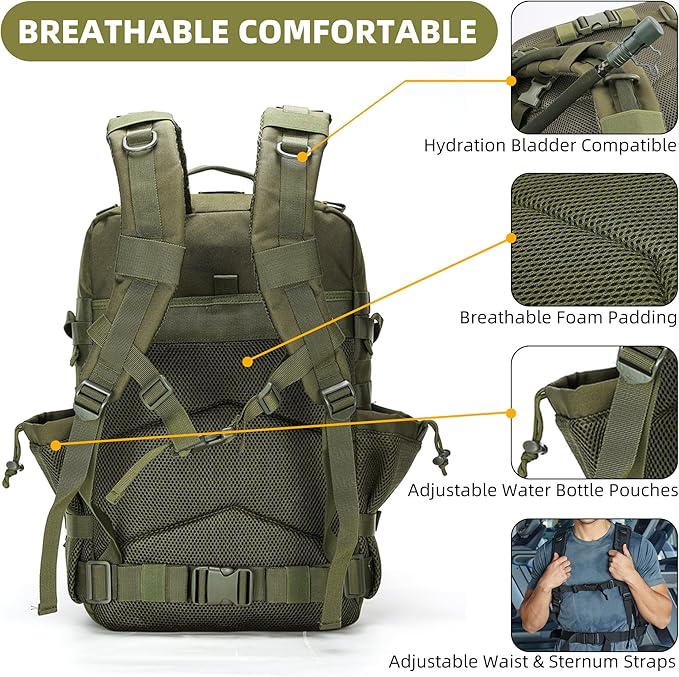 gracedon Tactical Backpack - Military Molle Bag 3 Days Pack for men and Women Large Assault Rucksack 45L (Green)