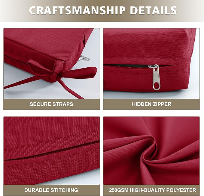 Outdoor Bench Cushion Waterproof 42"x18" – Fade-Resistant Patio Furniture Cushion with Ties for Porch Swing, Loveseat, or Indoor Bench Replacement, Burgundy