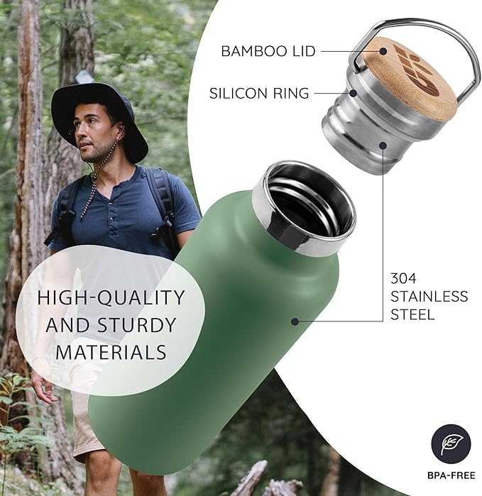 Bambaw 24 oz Insulated Water Bottle, Green Water Bottle Stainless Steel, Refillable Water Bottle, Dishwasher Safe Water Bottle, Metal Water Bottle No Straw, Double Walled Water Bottle – Sage Green