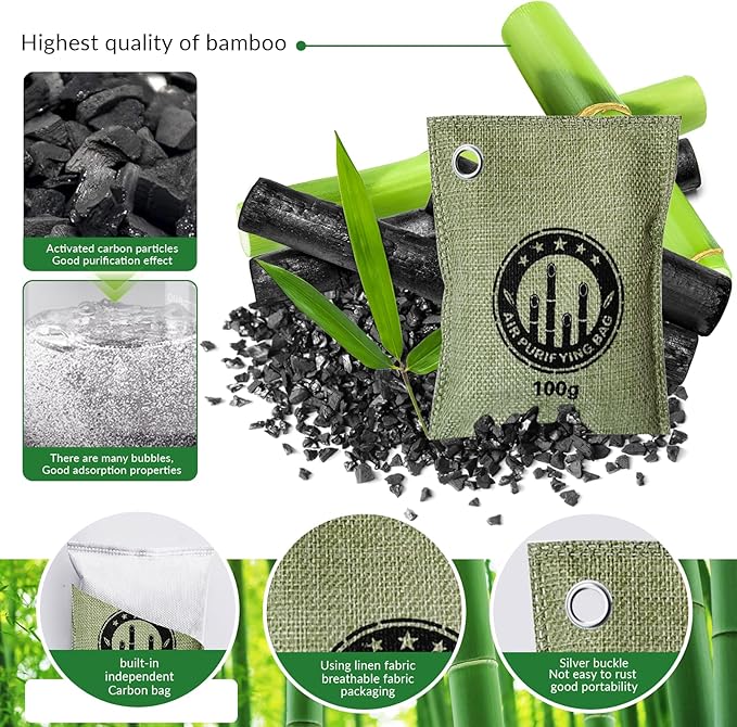 4 Pack charcoal odor absorber,Bamboo Charcoals Air Purifying Bag Charcoals Deodorizer Eliminator for Strong Odors in Car, Closet, Shoe, Basement (100G*4 Pack Green, Unscented)